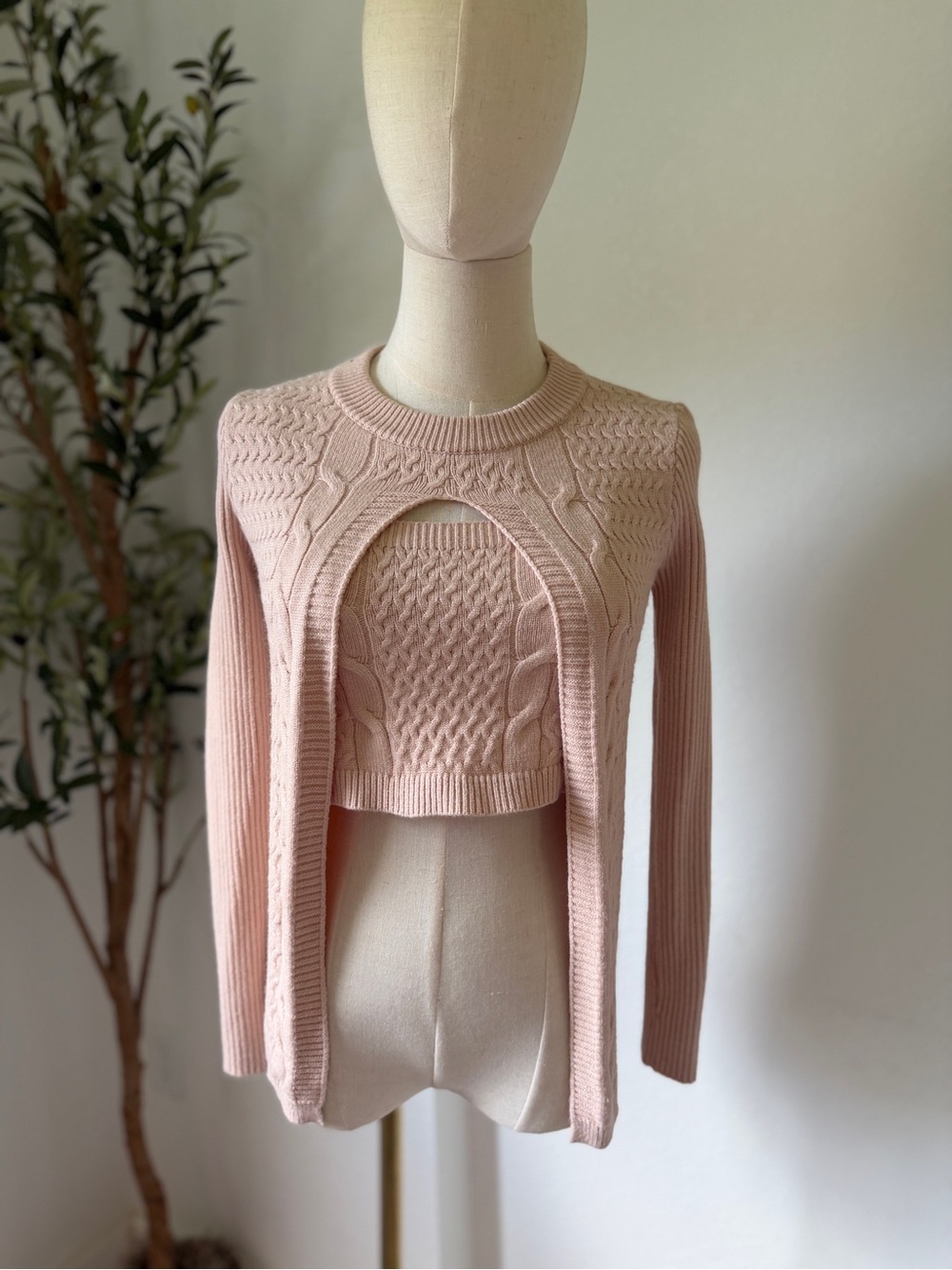 Women's Blush Pink Cable Knit Cutout Cardigan